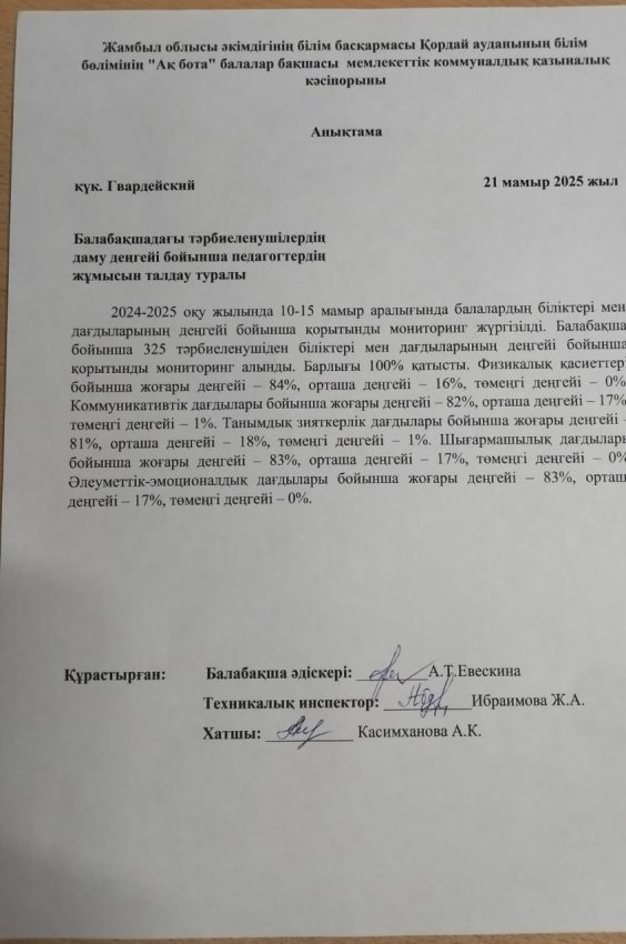 Балабақшадағы тәрбиеленушілердің  даму деңгейі бойынша педагогтердің  жұмысын талдау туралы