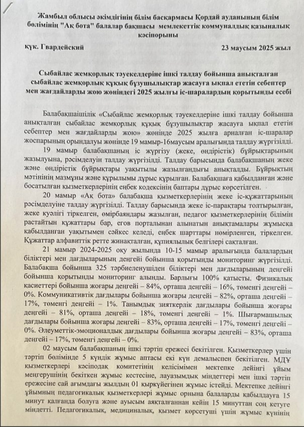 Сыбайлас жемқорлық тәуекелдеріне ішкі талдау бойынша анықталған сыбайлас жемқорлық құқық бұзушылықтар жасауға ықпал ететін себептер мен жағдайларды жою жөніндегі 2025 жылғы іс-шаралардың қорытынды есебі